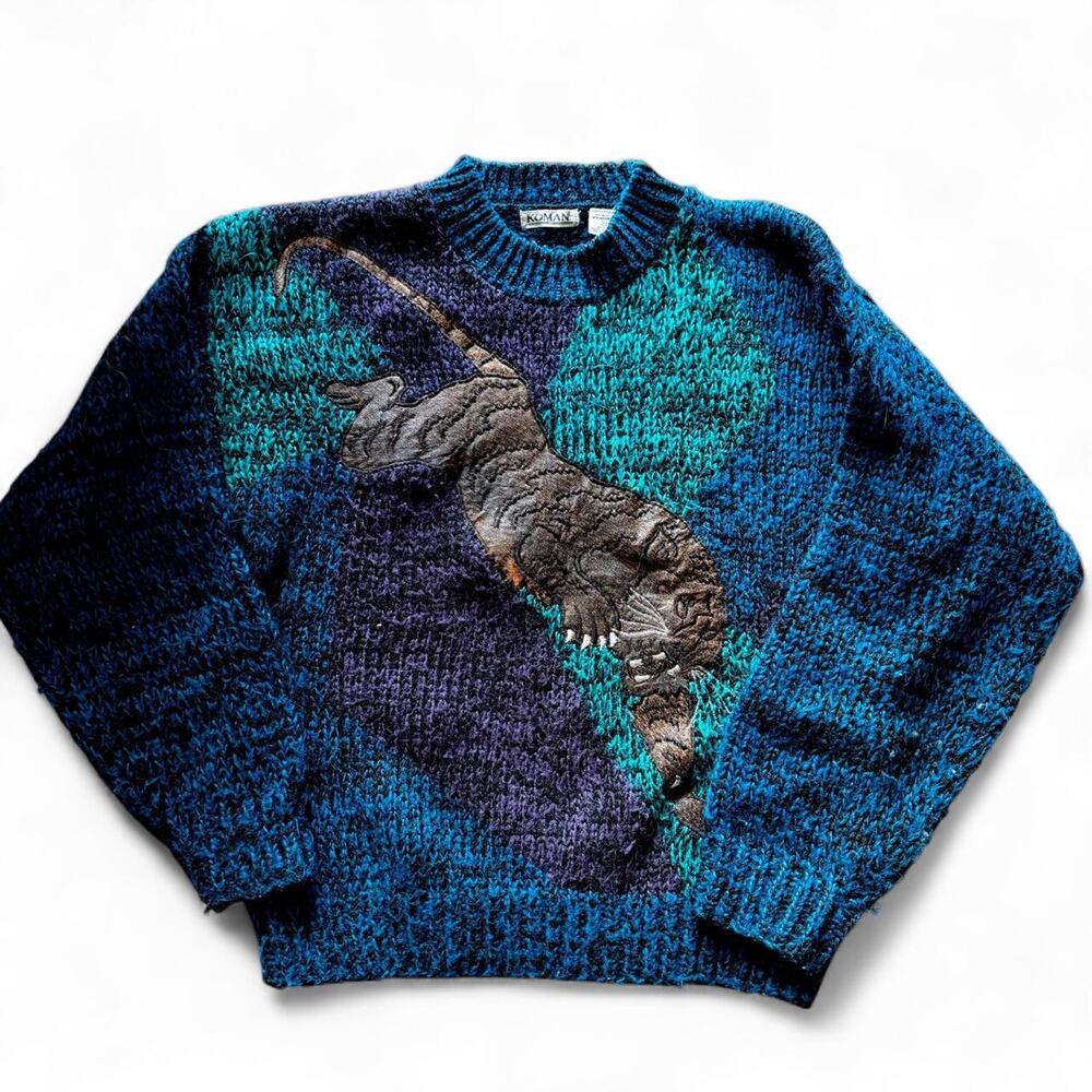 RARE Vintage 80s Koman Leather Tiger Patchwork Chunky Knit Sweater Size M Unisex